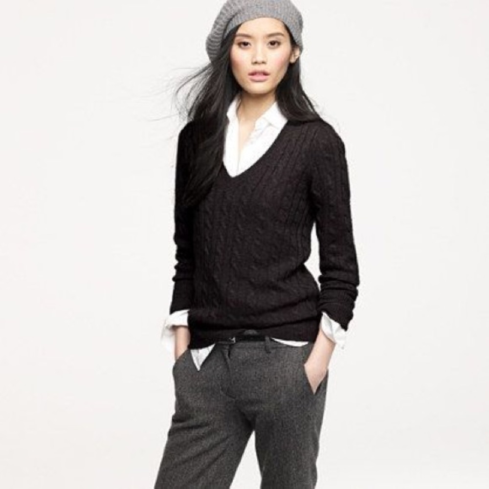 J.Crew Cambridge V Neck Cable Sweater Black XS